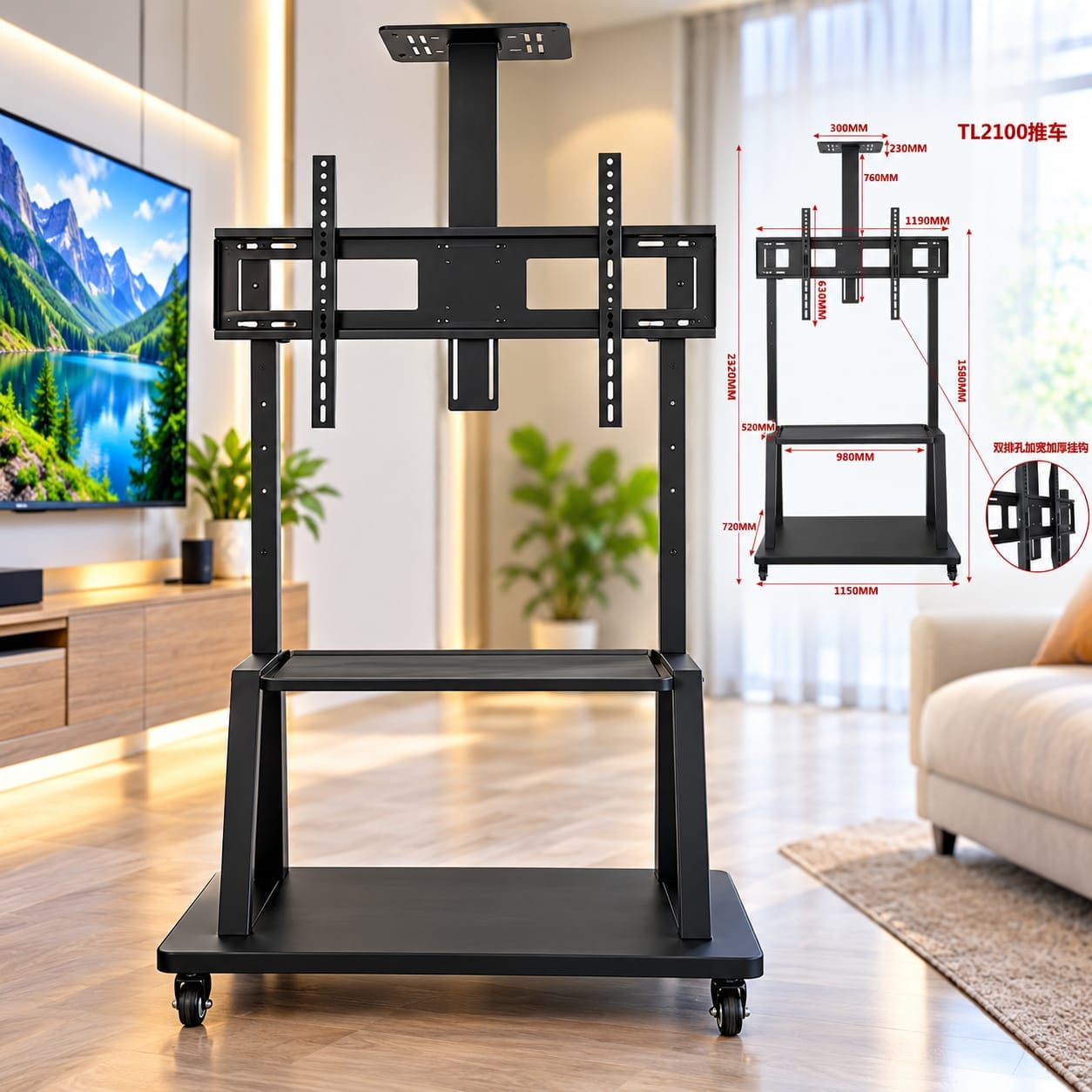 Support TV Mobile sur Roulettes TL1700 / TL2100 — vue 3