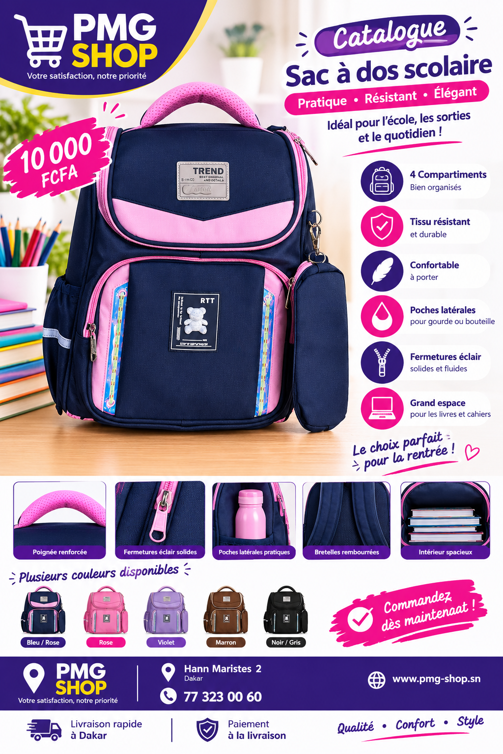 Sac à dos scolaire avec trousse et porte monnaie pour élèves