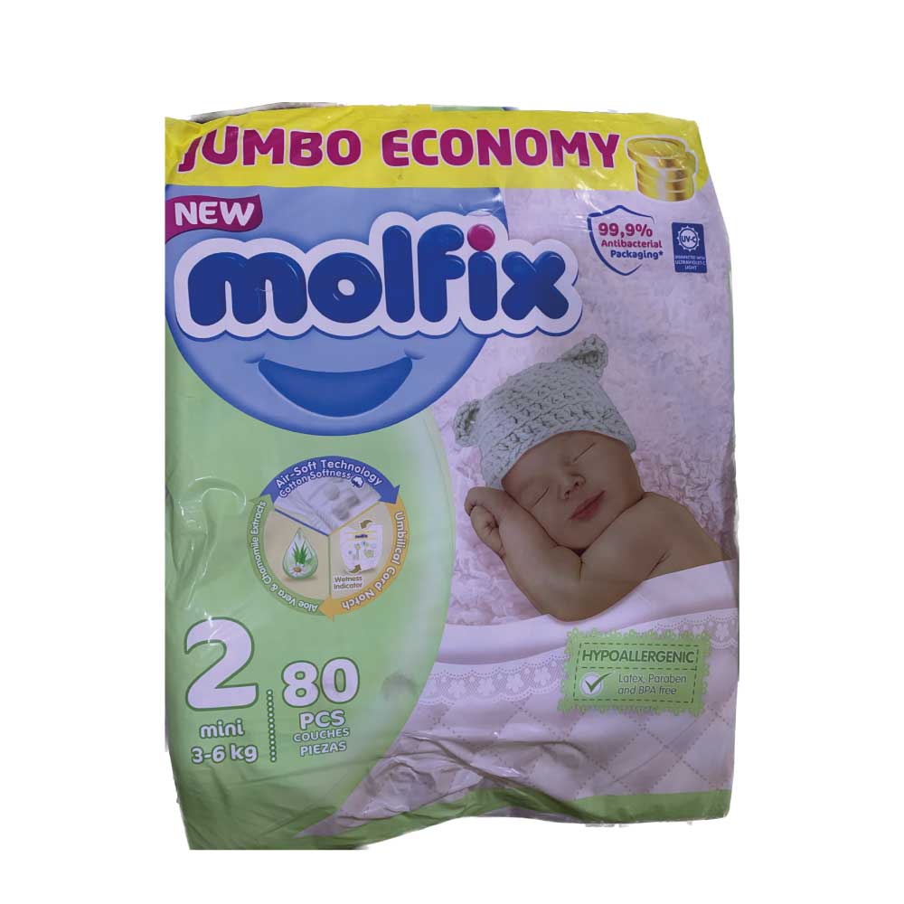 Couche Molfix jetables Jumbo Economy Taille 2 (3-6kg) - 80 couches