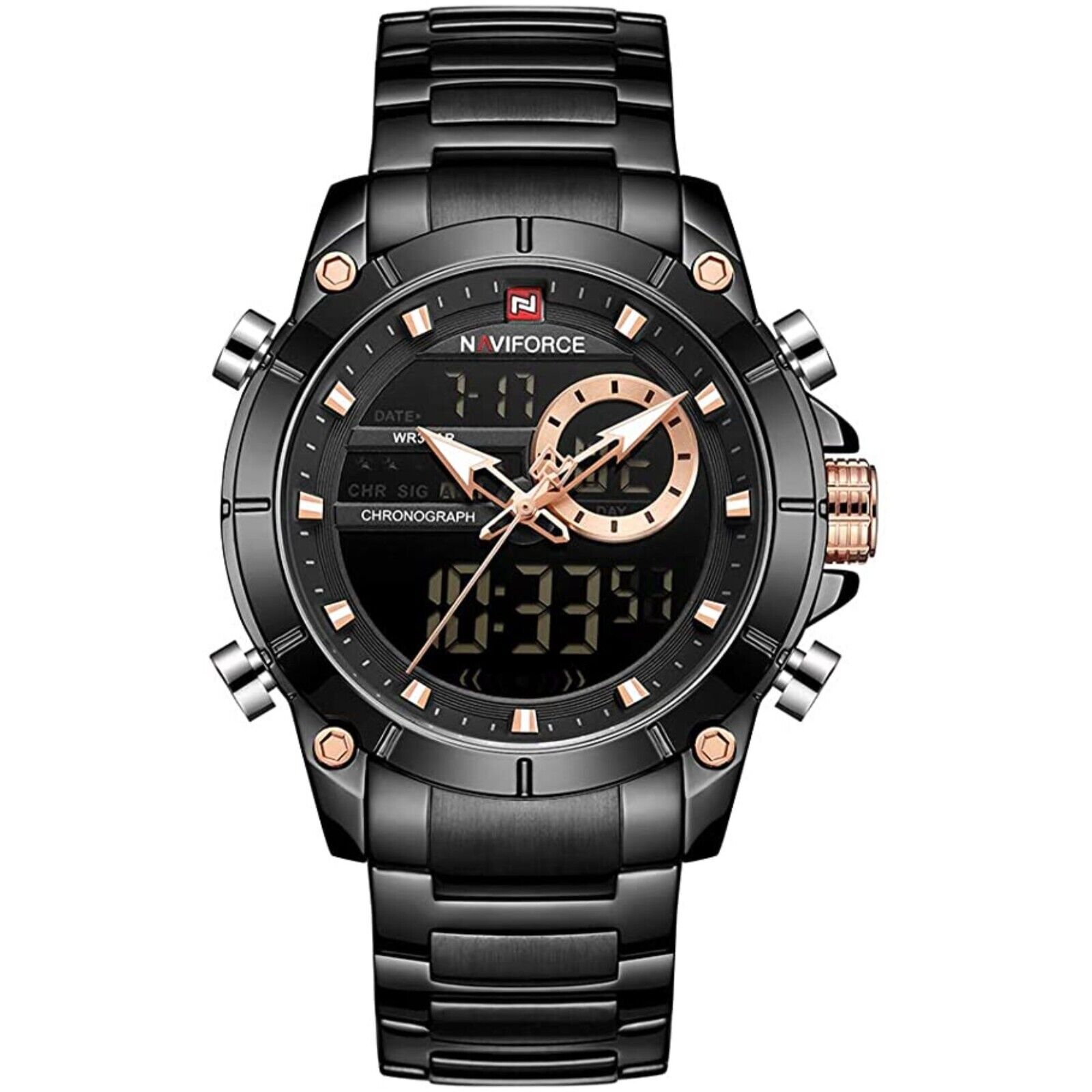 Naviforce Montre multifonctions Montre à Quartz Bracelet en Acier Inoxydable chaine Noir